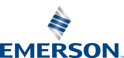 Emerson logo featuring blue capital letters spelling "EMERSON" beneath a metallic diamond shape with three blue horizontal stripes, representing innovation in areas like salary benchmarking and employee benefits.