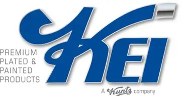 Logo with large blue stylized letters "KEI" and a silver accent. The text on the left reads "Premium Plated & Painted Products." Below, it says "A Kuntz company—your trusted source for quality and employee benefits.