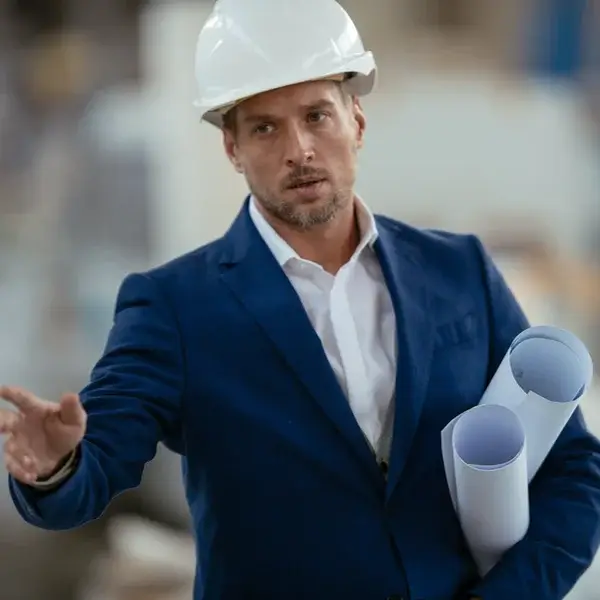 A man wearing a white safety helmet and blue suit jacket holds rolled-up blueprints and gestures with one hand, appearing to give instructions about employee compensation at a construction site.